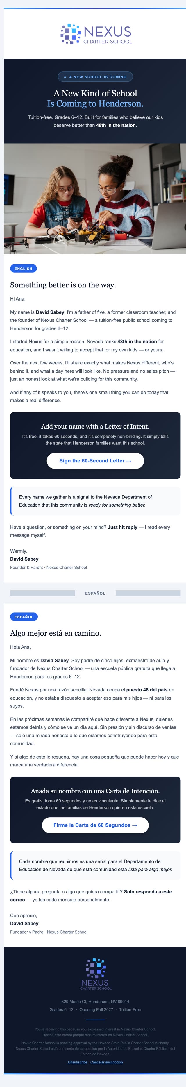 Nexus bilingual nurture email scrolling on a phone