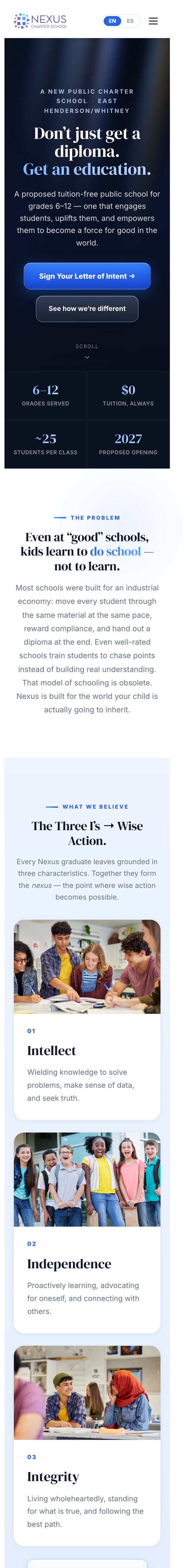 nexuscharter.org, the full site scrolling on a phone